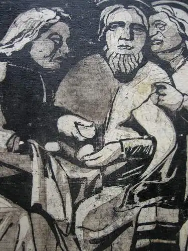 Judas nimmt die 30 Silberlinge anonymer Farbholzschnitt 1950 