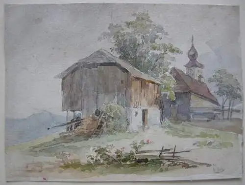 Bauerngehöft mit Kapelle Orig Aquarell signiert E. Fell um 1920