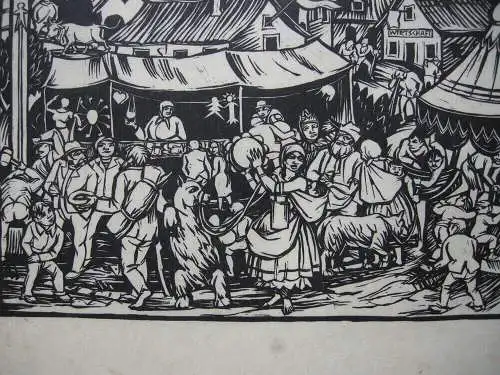 Kirmes Jahrmarkt detailfreudiger Holzschnitt anonym um 1960