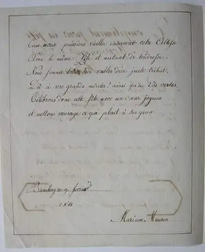 Glückwunsch-Gedicht Mariane Maurin an Duc Guillaume Baviere Handschrift 1811