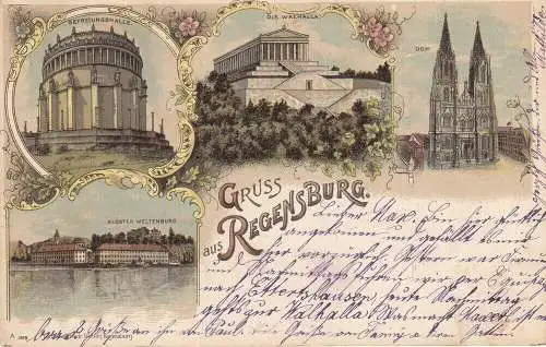 AK Regensburg Walhalla Befreiungshalle Dom Litho gel 1902 Oberpfalz