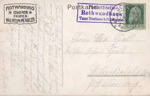 AK Rotwandhaus Schliersee Stempel Posthilfstelle Compton Oberbayern gel 1911