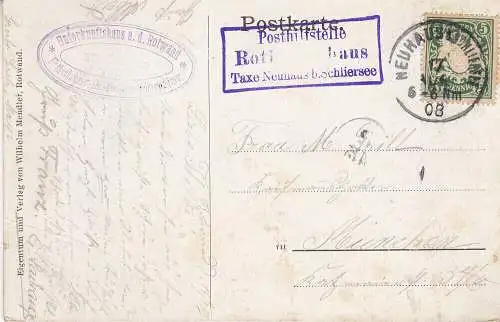 AK Rotwandhaus Schliersee Stempel Posthilfstelle Compton Oberbayern gel 1908