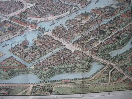 Kopenhagen Dänemark Monumental-Plan Chromolithografie 1909 F. Sedivy 66 x 92 cm