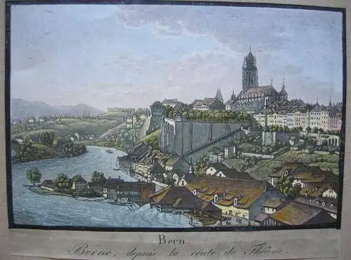 Bern Gesamtansicht von der Thuner Straße Orig Aquatinta 1840 Schweiz F. N. König