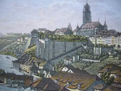 Bern Gesamtansicht von der Thuner Straße Orig Aquatinta 1840 Schweiz F. N. König