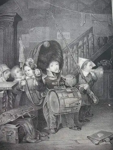 Kinderszene Die kleinen Soldaten Orig Lithografie 1850