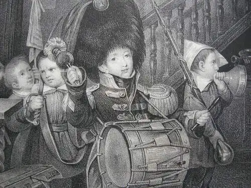 Kinderszene Die kleinen Soldaten Orig Lithografie 1850