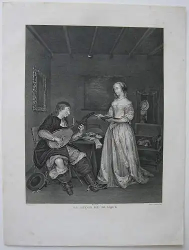 Lecon de Musique Musikstunde Sängerin Lautenspieler Orig Radierung 1880 