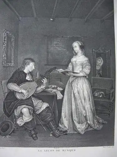 Lecon de Musique Musikstunde Sängerin Lautenspieler Orig Radierung 1880 
