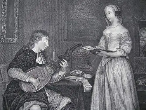 Lecon de Musique Musikstunde Sängerin Lautenspieler Orig Radierung 1880 