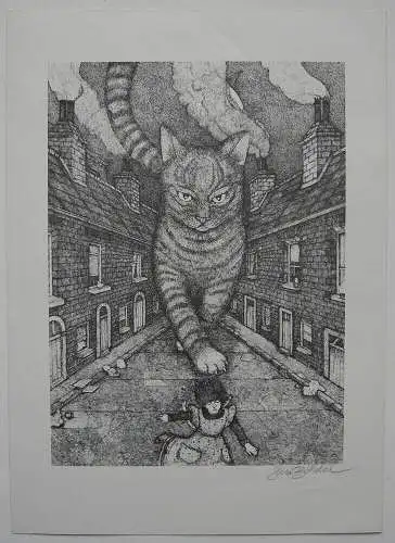 Susi Bohdal  Giant Cat Große Katze Flüchtendes Mädchen Serigrafie signiert