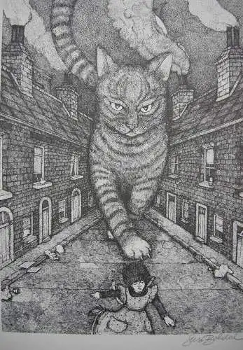 Susi Bohdal  Giant Cat Große Katze Flüchtendes Mädchen Serigrafie signiert  