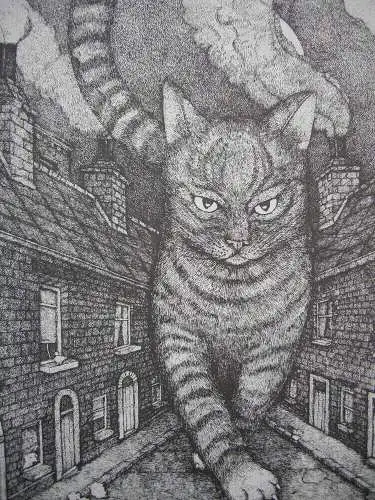 Susi Bohdal  Giant Cat Große Katze Flüchtendes Mädchen Serigrafie signiert  