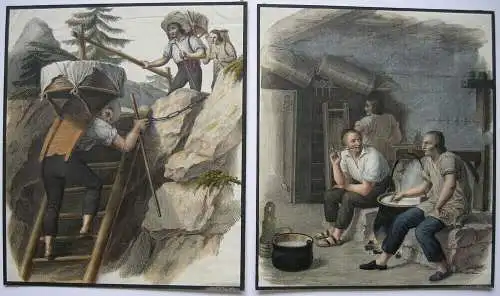 Käse Käserei Sennerei Sennbauern 2 Orig. Lithographien 1850 Transhumanz Frommage