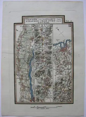 Chaussee Landshut Straubing Cham Furth Eschlkam kolor Orig Kupferstich 1796