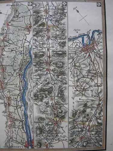 Chaussee Landshut Straubing Cham Furth Eschlkam kolor Orig Kupferstich 1796