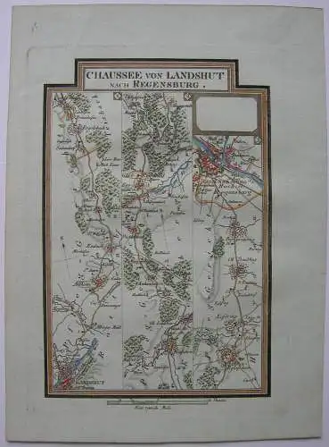 Chaussee Landshut Regensburg Riedl Reiseatlas altkolor Orig Kupferstich 1796 