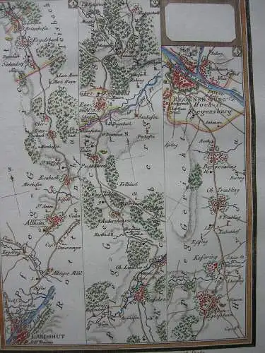 Chaussee Landshut Regensburg Riedl Reiseatlas altkolor Orig Kupferstich 1796 