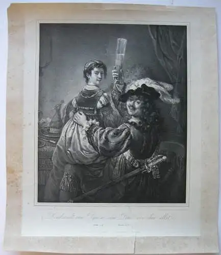 Rembrandt und seine Frau von ihm selbst Orig Lithografie Hanfstaengl 1836