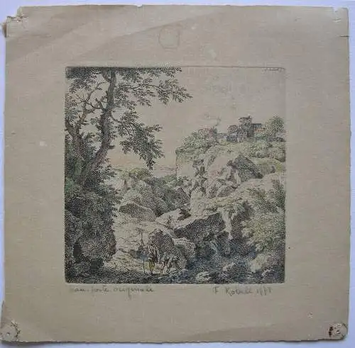 Franz Kobell (1749-1822) Stadt auf Felsen kolor Orig Radierung 1771 signiert