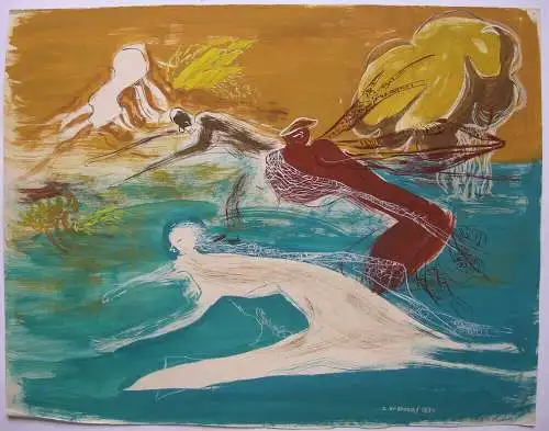 Dora Grabosch (1916-1994) Fischer am Meer Orig Gouache 1954 signiert 