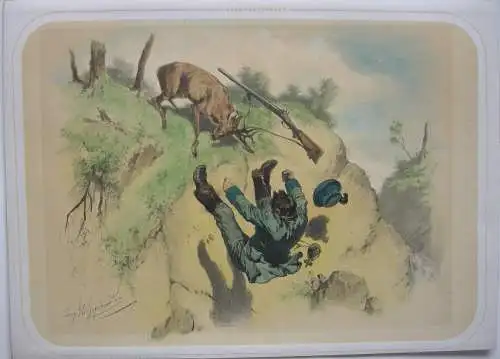 Jagd-Abenteuer kolor Orig Lithografie Tony Strassgschwandtner 1860 