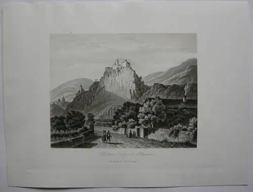 Kloster Seben Klausen Bozen Trentino Italien Orig. Aquatinta-Radierung 1840  