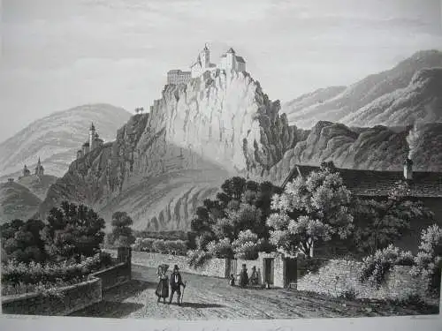 Kloster Seben Klausen Bozen Trentino Italien Orig. Aquatinta-Radierung 1840