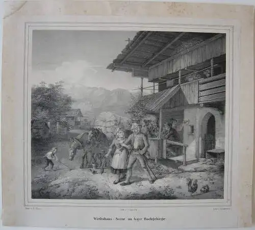 Wirtshaus-Scene im bayr. Hochgebirge Orig Lithografie Bergmann nach Marr 1850