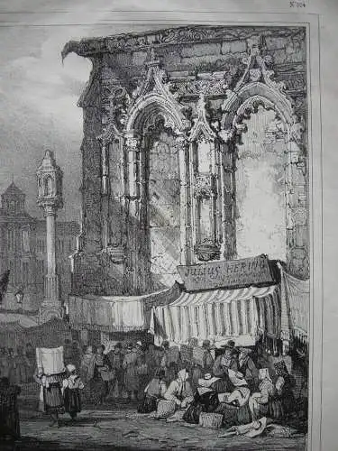 Nürnberg Markt vor Kirche Orig Lithografie Samuel Prout 1850 Mittelfranken