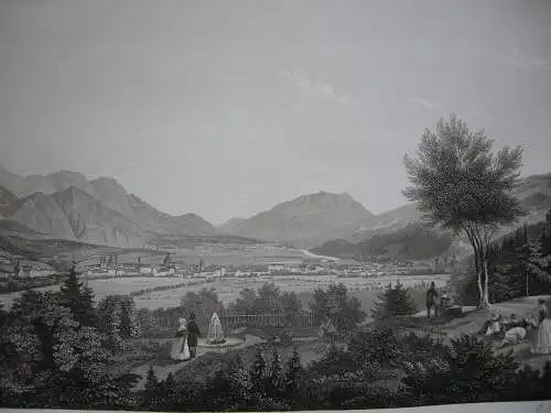 Innsbruck gegen Unterinntal Tirol Österreich Orig Stahlstich 1840 J. Riegel