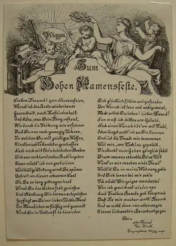 Josef Zink (1838-1907) Zum Hohen Namenstage Orig Tuschzeichnung 1880 