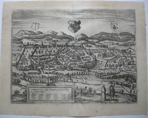 Kempten Allgäu Gesamtansicht altkolorierter Kupferstich Braun Hogenberg 1575