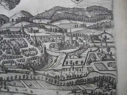 Kempten Allgäu Gesamtansicht altkolorierter Kupferstich Braun Hogenberg 1575