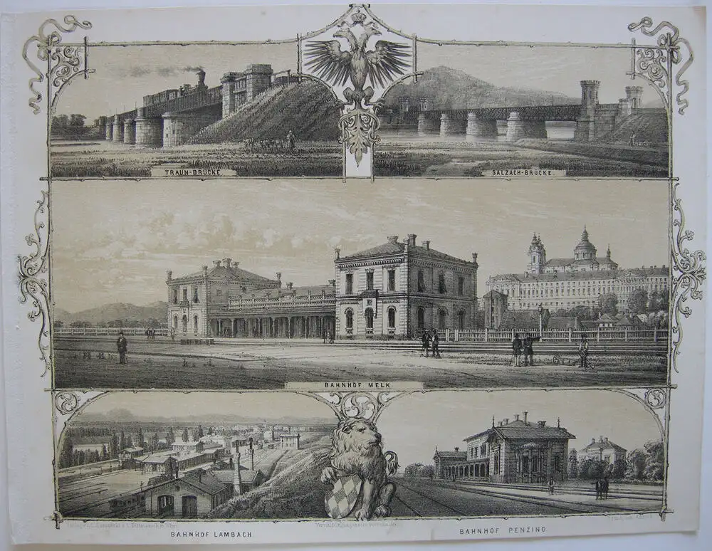 Kaiserin Elisabeth-Westbahn Bahnhof Melk Lambach getönte Orig Lithografie 1860  0