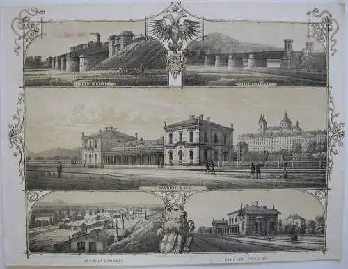 Kaiserin Elisabeth-Westbahn Bahnhof Melk Lambach getönte Orig Lithografie 1860 