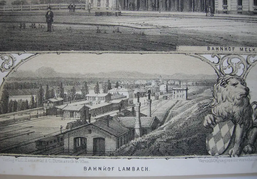 Kaiserin Elisabeth-Westbahn Bahnhof Melk Lambach getönte Orig Lithografie 1860  1