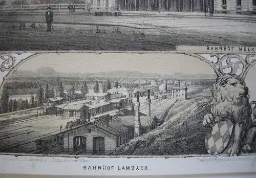 Kaiserin Elisabeth-Westbahn Bahnhof Melk Lambach getönte Orig Lithografie 1860