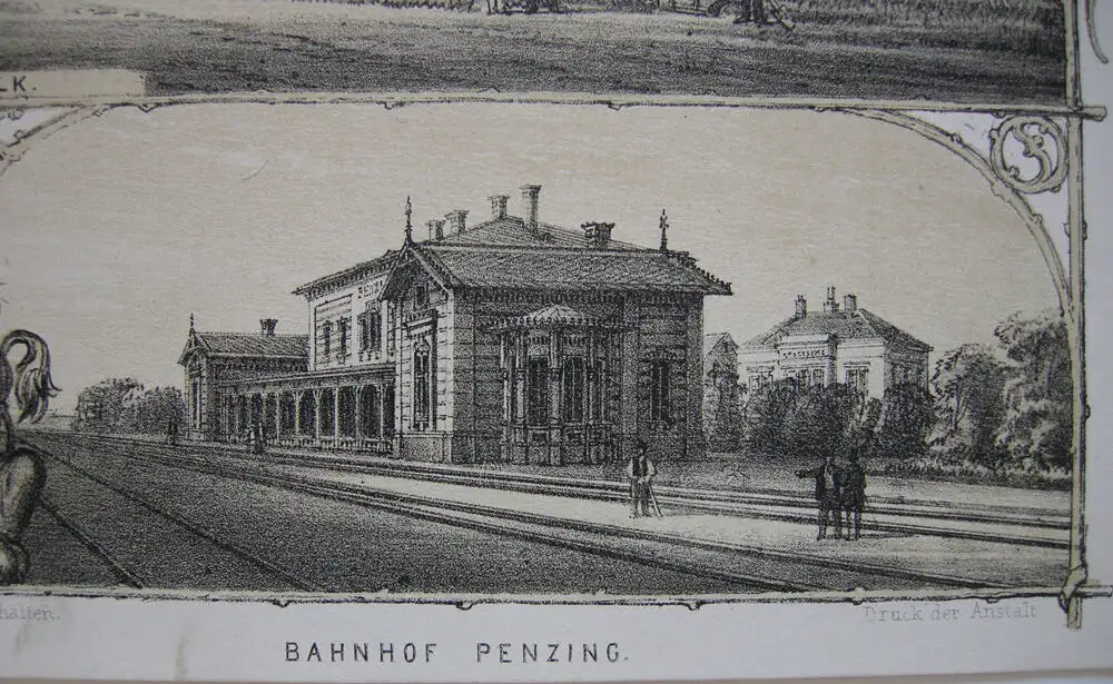 Kaiserin Elisabeth-Westbahn Bahnhof Melk Lambach getönte Orig Lithografie 1860  2