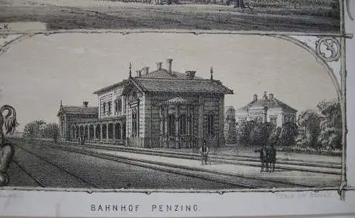 Kaiserin Elisabeth-Westbahn Bahnhof Melk Lambach getönte Orig Lithografie 1860