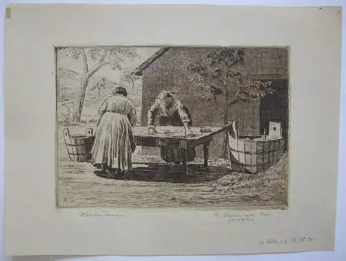 Rudolf Ostermayer (1905- ?) Wäscherinnen Orig Radierung 1960 signiert 
