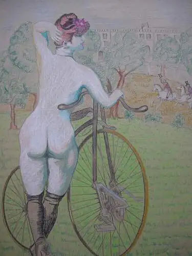 Karen Roch (XX) Dame mit dem Fahrrad Orig. Pastell signiert 1976