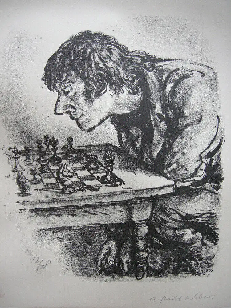 A. Paul Weber (1893-1980) Schachspieler Orig Lithografie 1960 signiert 1