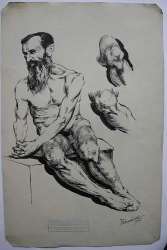 Studienskizze Männlicher Akt Vielleehner 1914 Tuschzeichnung 