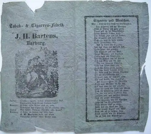 Tabak Werbeblatt Cigarren-Fabrik J. H. Bartens Harburg Hamburg Holzschnitt 1850