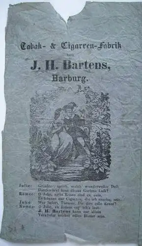 Tabak Werbeblatt Cigarren-Fabrik J. H. Bartens Harburg Hamburg Holzschnitt 1850