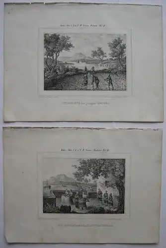 Reis Pflanzung Sieben und Mahlen 2 Orig. Lithografien 1842 Getreide Asien