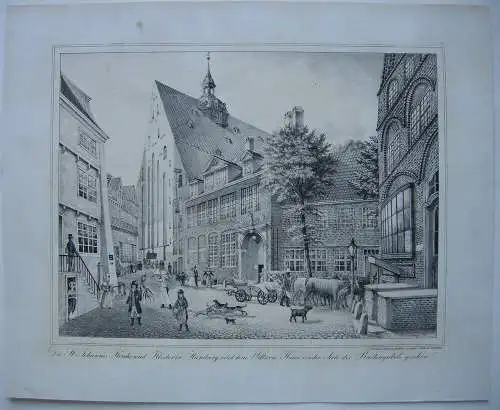 Hamburg St. Johannis Kirche und Kloster Orig. Lithografie Peter Suhr 1842