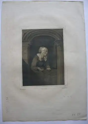 Franz Dahmen (1790-1865) Alte Frau an der Tür Inkunabel Lithografie 1820 G. Dou